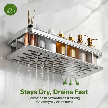 Полка для душу Evaland з алюмінію, 2 шт. з гачками та стійкою для рушників, без свердління, стійка до іржі, преміум-органайзер для ванної кімнати, кухні, сріблястого кольору