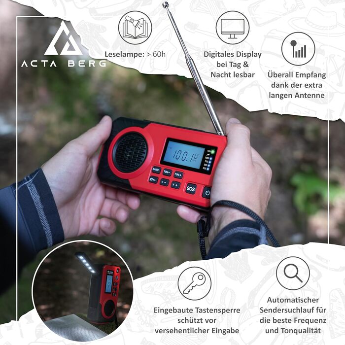 Радіо Acta Berg з ручним приводом | Радіо на батареї 5000 mAh | Сонячне радіо з приймачем світу | Радіо з ручним приводом для надзвичайних ситуацій | Ліхтар та зарядний пристрій, AM/FM/SW, з USB (червоне)