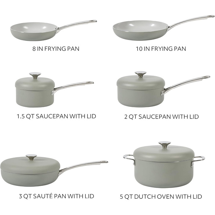 Набір кухонного посуду Sur La Table Kitchen Essentials 13-Piece, преміум-кераміка, антипригарне покриття, для індукційних плит, знімний ручка, смарагдово-зелений
