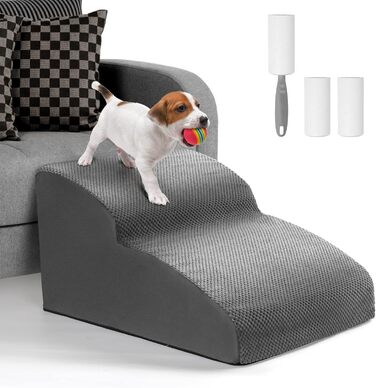 Lannvan Dog Stairs for Small Dogs, 2 Steps Pet Stairs Cat Stairs, Sponge Dog Ramp for Sofa Bed, Dog Steps with Removable Cover, Washable Pet Ladder, Lint Roller Included, Grey