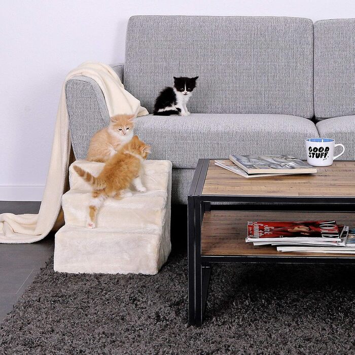 Lionto pet stairs with plush cover, 46x36x4 cm, robust dog stairs with low step height of 10cm, gentle on joints, removable & washable cover, stairs can hold up to 50 kg, beige