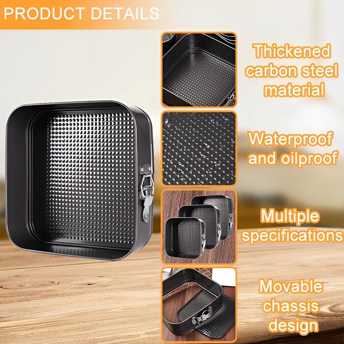 Набір форм для випікання тортів та кексів, квадратні, чорні, металеві, знімний дно, антипригарне покриття