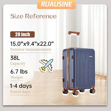 Чохол-валіза ручної поклажі з жорстким корпусом та 4 обертовими колесами, з TSA-замком (Сріблястий, 20 дюймів) (Синій, 20 дюймів)