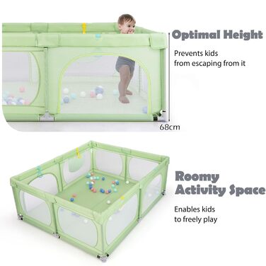 LIFEZEAL Playpen Baby 189 x 158 cm, Safety Play Area Children's Playpen with Super Soft, Foldable Baby Playpen made of Oxford Cloth with Handbag, 50 Ocean Balls, 4 Toddler Rings (Green)