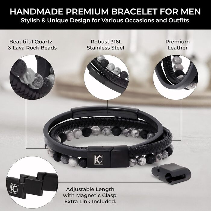 Чоловічий шкіряний браслет з тигровим оком та лавовим каменем | Ручна робота, гравірування, регульований магнітний замок | Чорний, коричневий, синій, срібний | Подарункова коробка