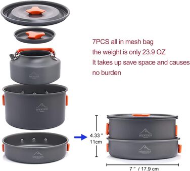 Набір посуду для кемпінгу WIDESEA на 2-3 особи, антипригарне покриття, сковорода, каструля та чайник, набір мірний, для походів/трекінгу/пікніків на природі (світло-сірий)