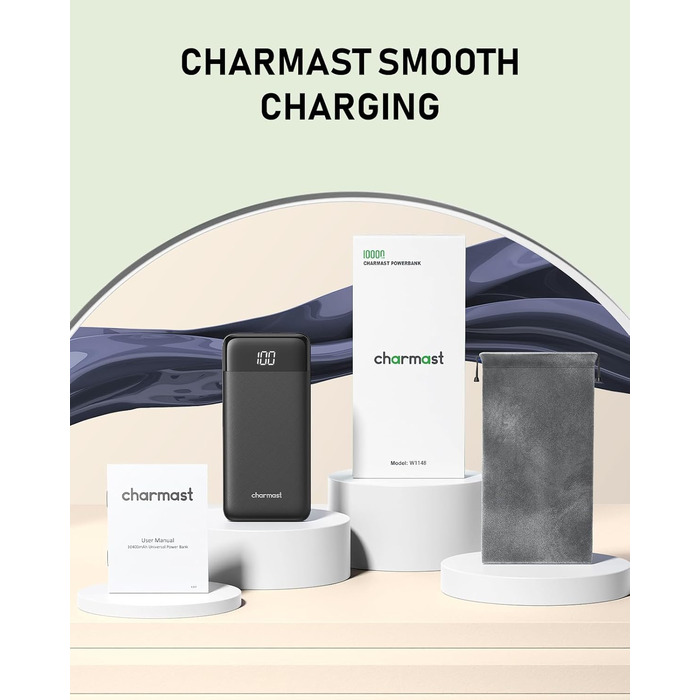Powerbank Charmast 10000mAh з 4 кабелями, 6 виходами та 3 входами. Сумісний з iPhone, iPad, Samsung. Чорний