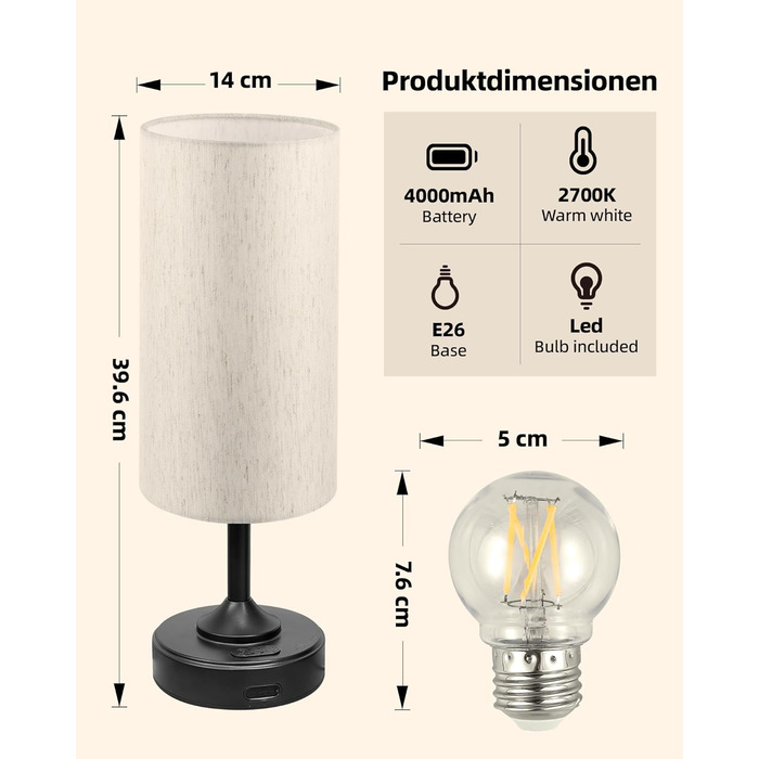 Світлодіодна настільна лампа EZVALO з сенсорним димером, акумуляторна (4000mAh), USB-C, тепле світло 2700K, чорна - 1 шт.