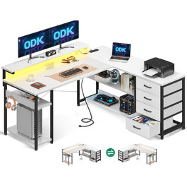 Стол письмовий ODK з шухлядами, кутовий, з 2 розетками та 2 USB-портами, L-подібний офісний стіл з LED-підсвічуванням для дому та офісу, 135×110 см (Білий)