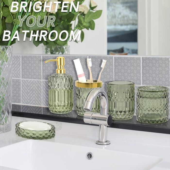 Набір аксесуарів для ванної кімнати зі скла (5 предметів), набір дозаторів для мила зі скла з нержавіючої сталі, елегантний сучасний декор для ванної кімнати, подарунок на День святого Валентина, день народження або новосілля (Shallowgreen)