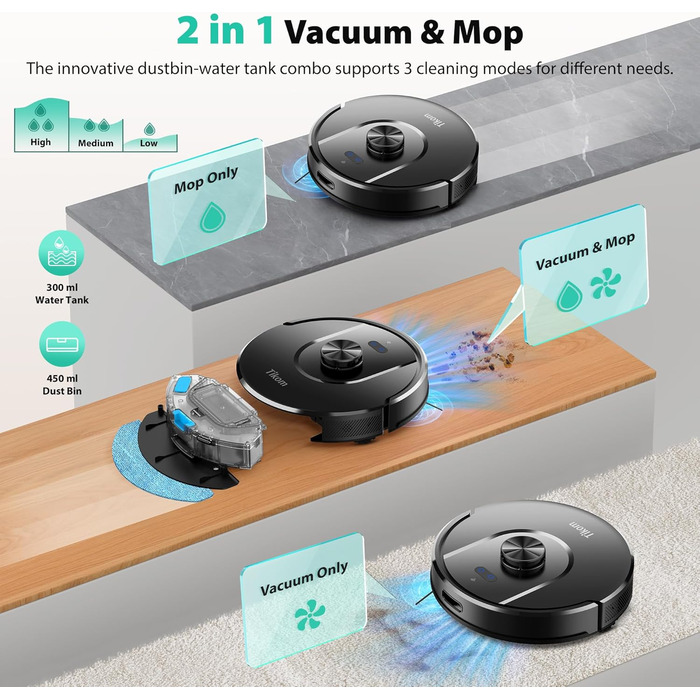 Робот-пилосос Tikom L8000 Plus з потужністю 6000Pa, станція самоочищення, LiDAR-навігація, Wi-Fi, мапінг, для шерсті тварин, килима та твердих підлог