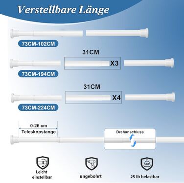 Штанга для душу без свердління 73-224 см, біла. Розсувна штанга для ванної кімнати, душу, вітальні.