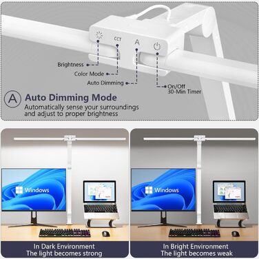 KableRika LED Desk Lamp - Dimmable 24W 80cm Dual-Head Desk Lamp with Clamp, 1200lm Eye Protection, Adjustable Gooseneck, Monitor Light, Daylight Lamp, Auto-Dimming (White)