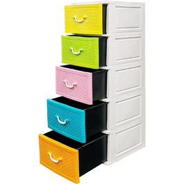 Chest of drawers 44x50x127 cm with 5 large XXL drawers, 40 liters per drawer, with fronts in beautiful candy colors and a modern woven look made from recyclable PP plastic for the environment.