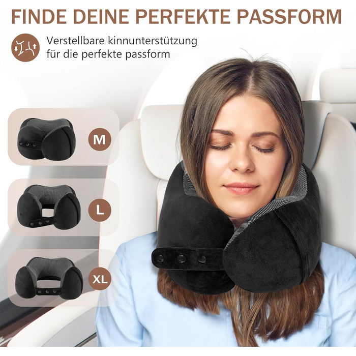 Подушка для шиї у літак, доросла, з піною з пам'яті, регульована, з маскою для сну та берушами, чорна