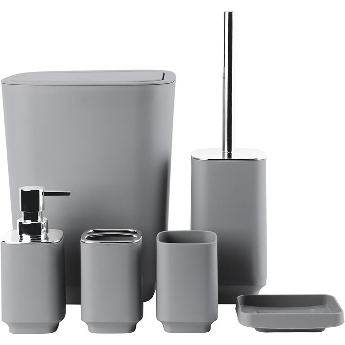 Сучасний набір для ванної кімнати на 6 предметів: мильниця, тримач для зубних щіток, дозатор мила, сміттєвий бак, стаканчик та WC-щітка з пластику та металу (сірий)