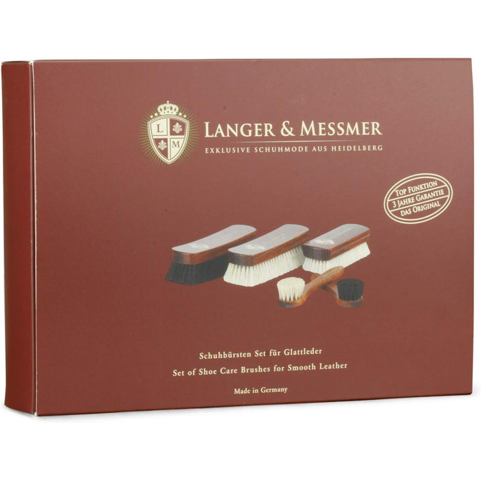 Langer & Messmer 4-Piece Shoe Brush Set made of Horsehair for the professional shoe care of smooth leather shoes - includes polishing brushes and cream brushes (5-piece set, Essential)