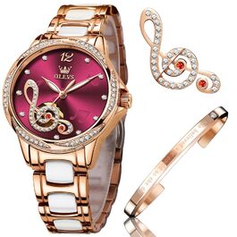 Годинник жіночий OLEVS з рожевого золота з серцем-діамантом, чорно-біле циферблат, кварц, водонепроникний, комплект з браслетом, годинники для жінок, 6656, винний колір