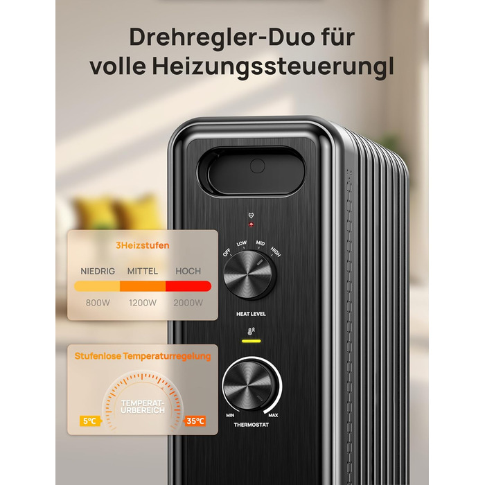 Електричний масляний радіатор Dreo з 9 ребрами, 2000W, тихий, з захистом від перегріву та перекидання, термостат, дитячий замок, енергозберігаючий