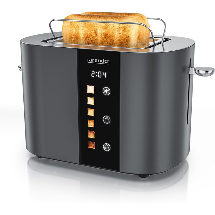 Тостер Arendo з нержавіючої сталі, 2 відділення, сенсорний екран, подвійні стінки, 800 Вт, підставка для тостів, 6 рівнів підсмажування, центрування хліба, індикатор часу, функція пам'яті (Колір: Cool Grey)