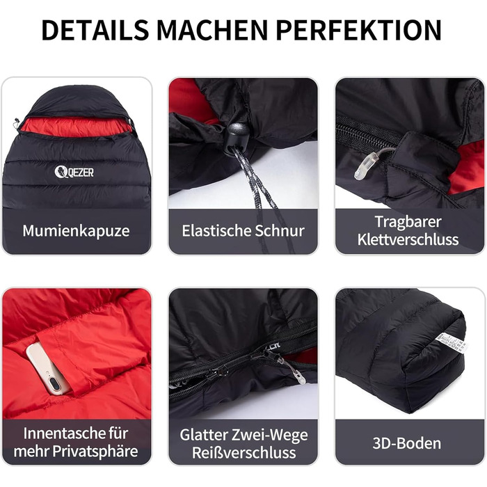 Спальний мішок для дорослих та дітей, зимовий, легкий, для кемпінгу та альпінізму, 650 FP гусячий пух, 500г, чорний, робоча температура -30°C ~ +8°C