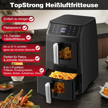 Аерофритюрниця TopStrong Doppelkammer 11л, 2500 Вт, 6 функцій, з оглядовим вікном, вертикальна, подвійна камера, для рівномірного приготування