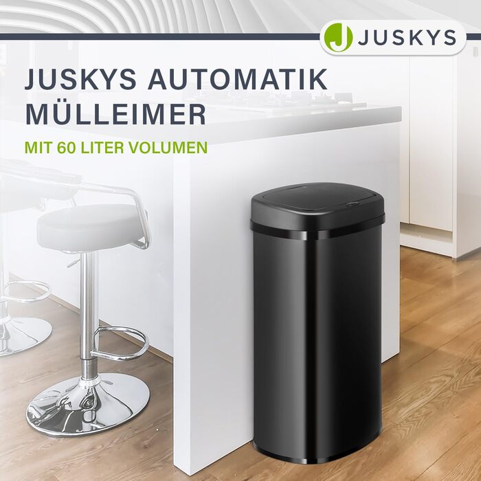 Сміттєвий бак кухонний Juskys з датчиком руху, 60л, чорний - нержавіюча сталь, кутовий, з фіксатором для пакетів