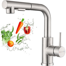 Кухонний змішувач Dayone з висувною лійкою, нержавіюча сталь SUS304, високий тиск, 2 функції, поворотна лійка 360°, L-подібна форма, G6808bn