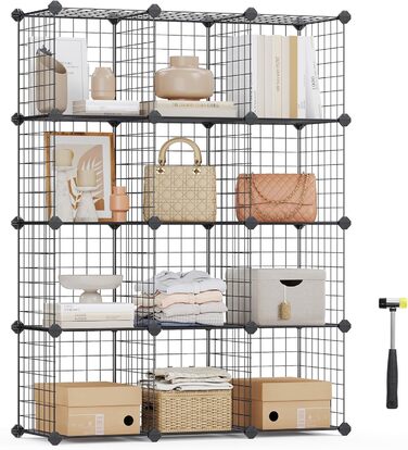 SONGMICS Grid Panel Storage Rack, Shelving System, Cube Storage, Set of 12 Cubes, for Shoes, Books, Living Room, Bedroom, Expandable, 31 x 93 x 123 cm, White LPI34W (Black)