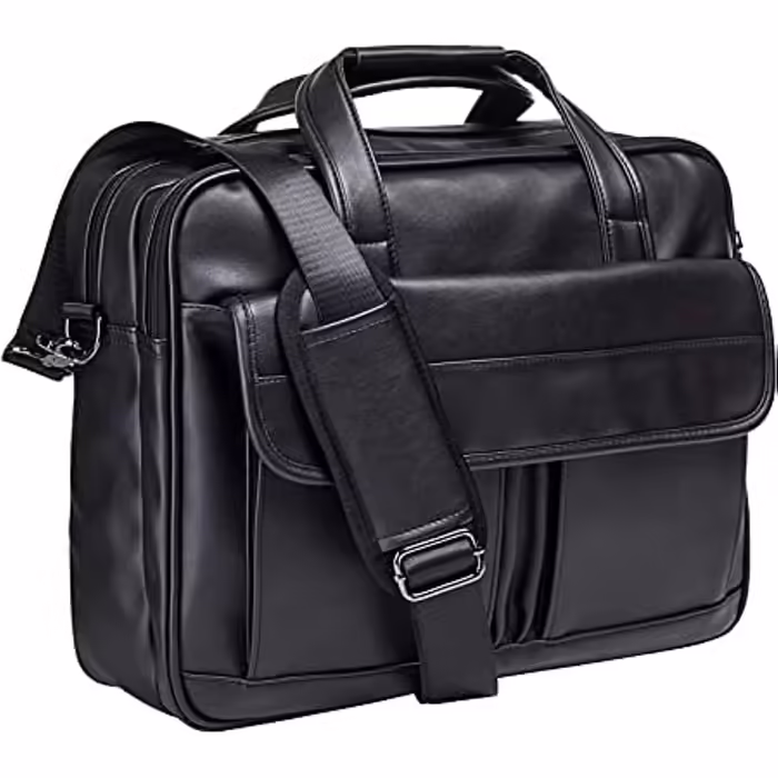 Seyfocnia Courier Bag, Travel Bag, Briefcase, Leather, Handmade, Laptop Bag, Black, 17.3 inches