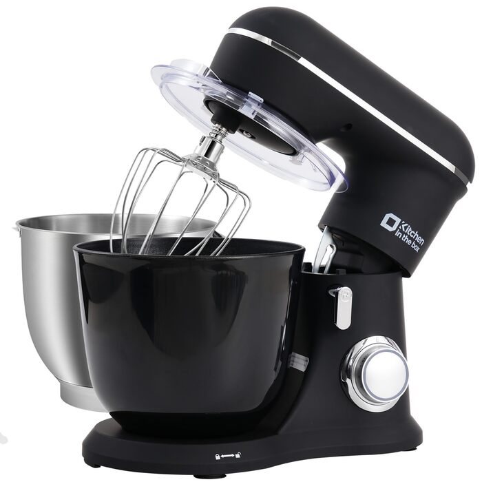 Кухонний комбайн Kitchen in the box, планетарний міксер з чашами 4,5 л та 5 л, 1300 Вт, 10+ швидкостей, з насадками (гак, міксер, вінчик), чорний