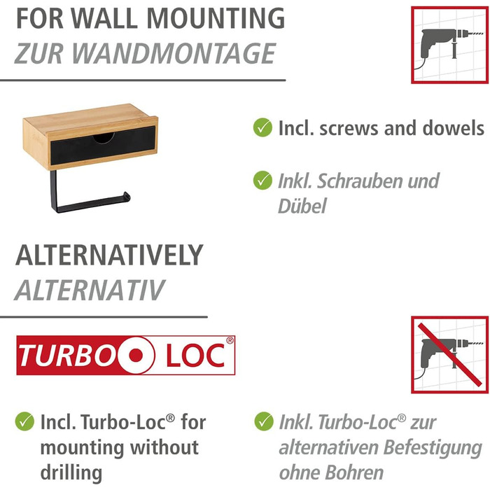 Тримач для туалетного паперу WENKO Bambusa з полицею та шухлядою з бамбука, чорний/натуральний