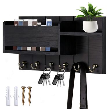 Дерев'яне ключниця з полицею, органайзер для ключів на 6 гачків, декоративна полиця для ключів з 4 шурупами для прихожої, входу, спальні