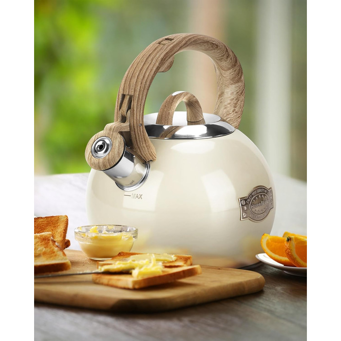 Чайник Teekessel 2.1 л з плитою, чайник з нержавіючої сталі з дерев'ястим декором, складаний ручка, для всіх типів плит (білий)