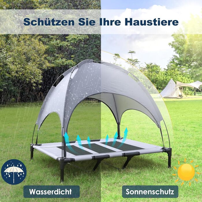 Лежанка для собак з балдахіном, XL, 122 x 92 x 102 см - водонепроникна, з дихаючим матеріалом, для відпочинку на вулиці та кемпінгу