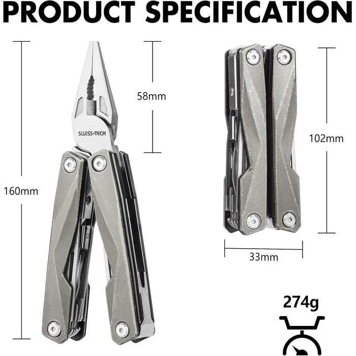 Мультитул Swiss+Tech 16-в-1: мультиінструмент з нержавіючої сталі з ножем, пилкою, ножицями, відкривачкою для пляшок, для кемпінгу, відпочинку на природі, ремонту, з чохлом, вінтажний зелений (ретро-сірий)