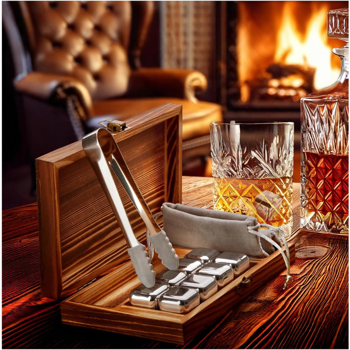 Камені для віскі Com-Four® з нержавіючої сталі - подарунчий набір (12 шт) з мішком та коробкою. Багаторазові камені для віскі, джину, тоніку та коньяку.