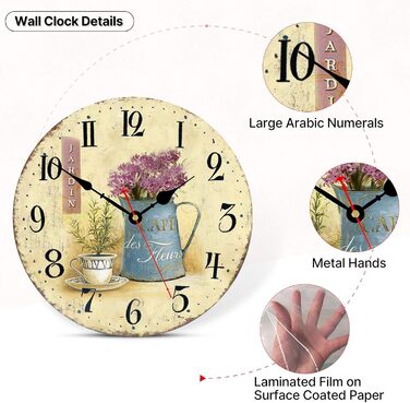 Toudorp Wooden Wall Clock 14 Inch Arabic Numerals Easy to Read Silent Wall Clock Retro Battery Operated Cafe and Flower Pattern Decorative Wall Clock for Bedroom, Living Room, Dining Room