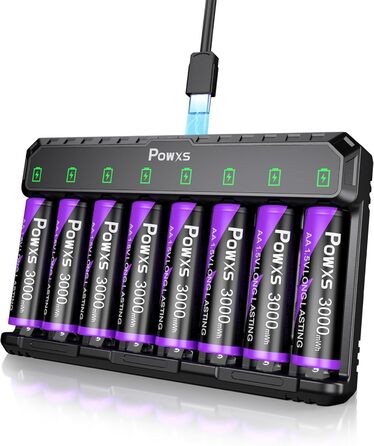 Акумулятори AA POWXS Lithium 1.5V 8 шт, 3000mAh, USB зарядка, 2000 циклів, сталевий корпус, для іграшок та камер Blink