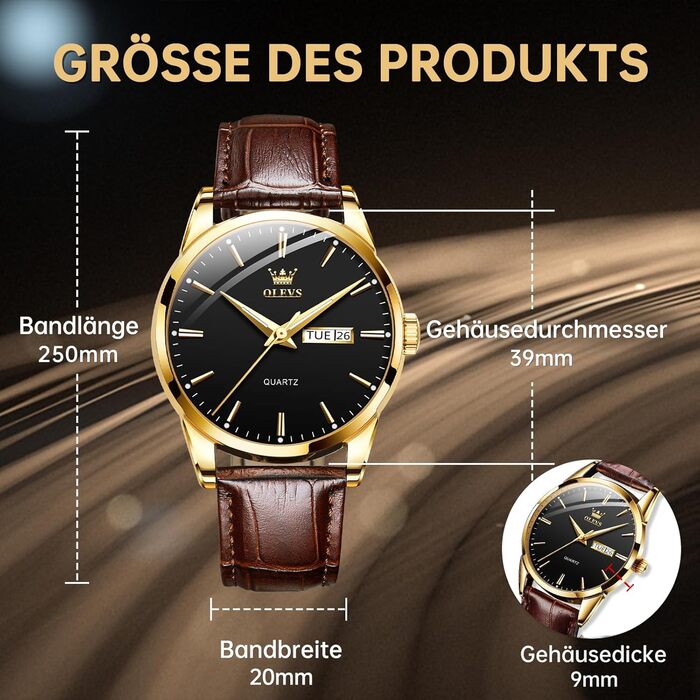 Чоловічий годинник OLEVS з нержавіючої сталі, кварцовий аналоговий годинник, класичний діловий годинник, водонепроникний, з підсвічуванням, з датою, на шкіряному ремінці, чорний циферблат, коричневий ремінь