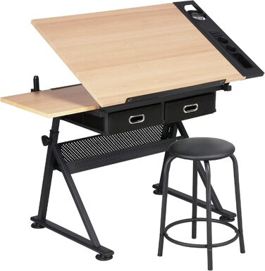 Yaheetech Adjustable Drafting Table with Stool and Drawers - Height Adjustable Desk for Architects, Technicians, and Students - Wood Finish