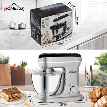 Кухонна машина HOMELUX 1800W з чашею 8 л з нержавіючої сталі, 6 швидкостей, LED-дисплей, насадки для замішування, збивання та нарізки, сіра