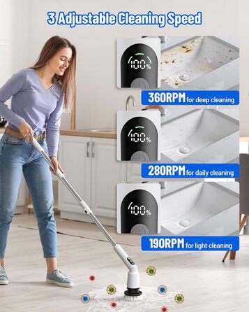 Electric Cleaning Brush, 12-in-1 Electric Spin Scrubber Cordless with 8 Interchangeable Brush Heads, Electric Cleaning Brush with Adjustable Handle for Bathroom, Kitchen, Tiles, Floors, Car (White)