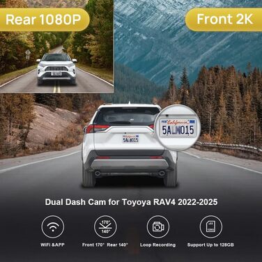 Автомобільний відеореєстратор Fitcamx 4K OEM для Toyota RAV4 2022-2025 (Gen5), 2160P WiFi, G-сенсор, циклічний запис, WDR, Plug&Play, карта пам'яті 64GB (2K фронтальний та 1080P задній)