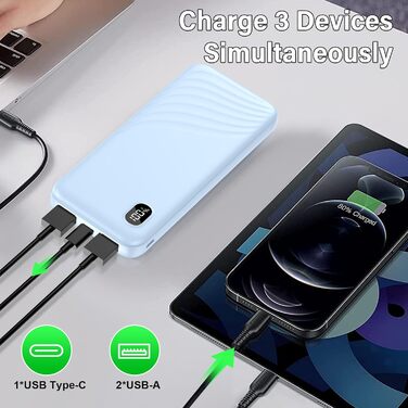 Power Bank Thunelec 10000mAh 22,5W з USB-C (PD, QC 3.0) - компактний зовнішній акумулятор для смартфону та планшета, LED дисплей, темно-синій