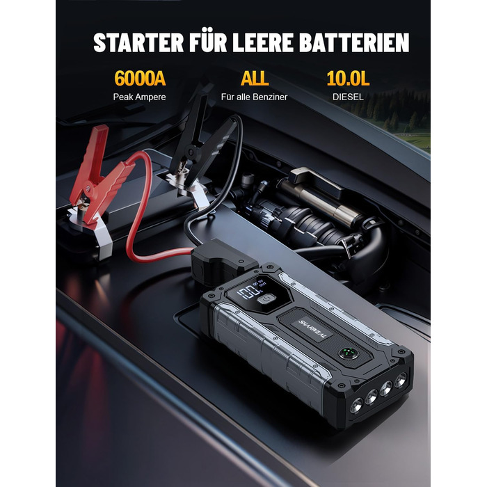 Powerbank для авто SHARMEAL 6000A: пусковий пристрій, 12V, LCD, LED, для бензинових та дизельних авто (до 10.0 л)