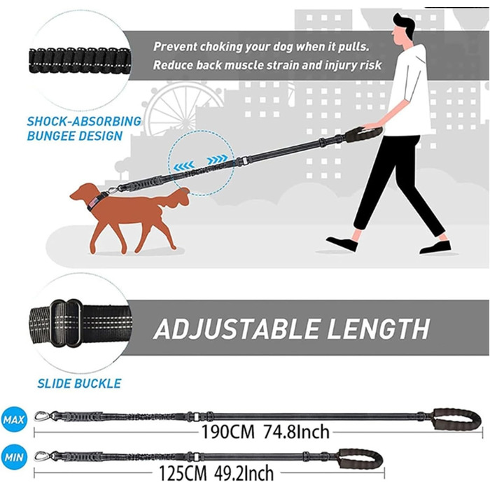 Міцна собача повідка-банджі з двома зручними ручками та автофіксатором, 1,2-1,5 м, чорна