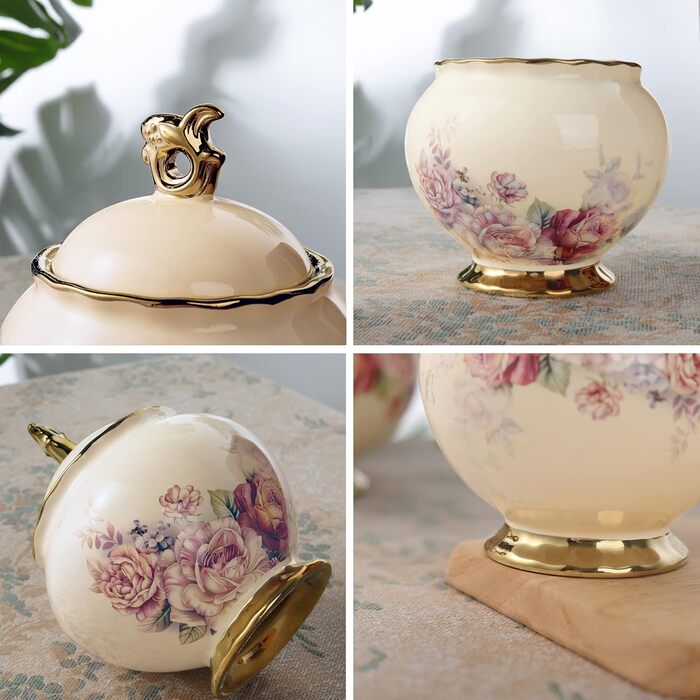 Fanquare White Porcelain Sugar Bowl with Lid, English Royal Family Sugar Pot, Rose Ceramic Sugar Bowl for Coffee Service Set