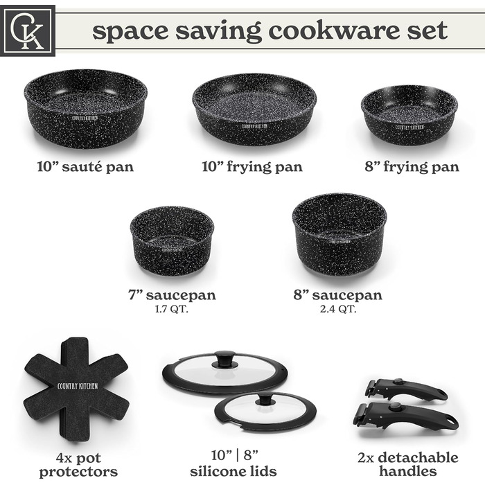 Набір посуду Country Kitchen 13 предметів: каструлі та сковорідки з антипригарним покриттям, знімний ручка, для кухні, кемпінгу, духовки (чорний)