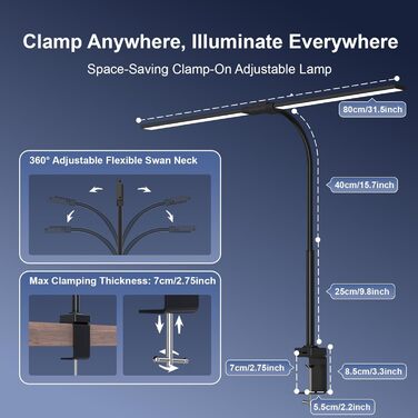 LED лампа настільна з регулюванням яскравості - 1500LM 24W, кріплення-прищіпка, з пультом, гнушкий 80см шнур, USB-порт, для офісу та дому (Чорний)